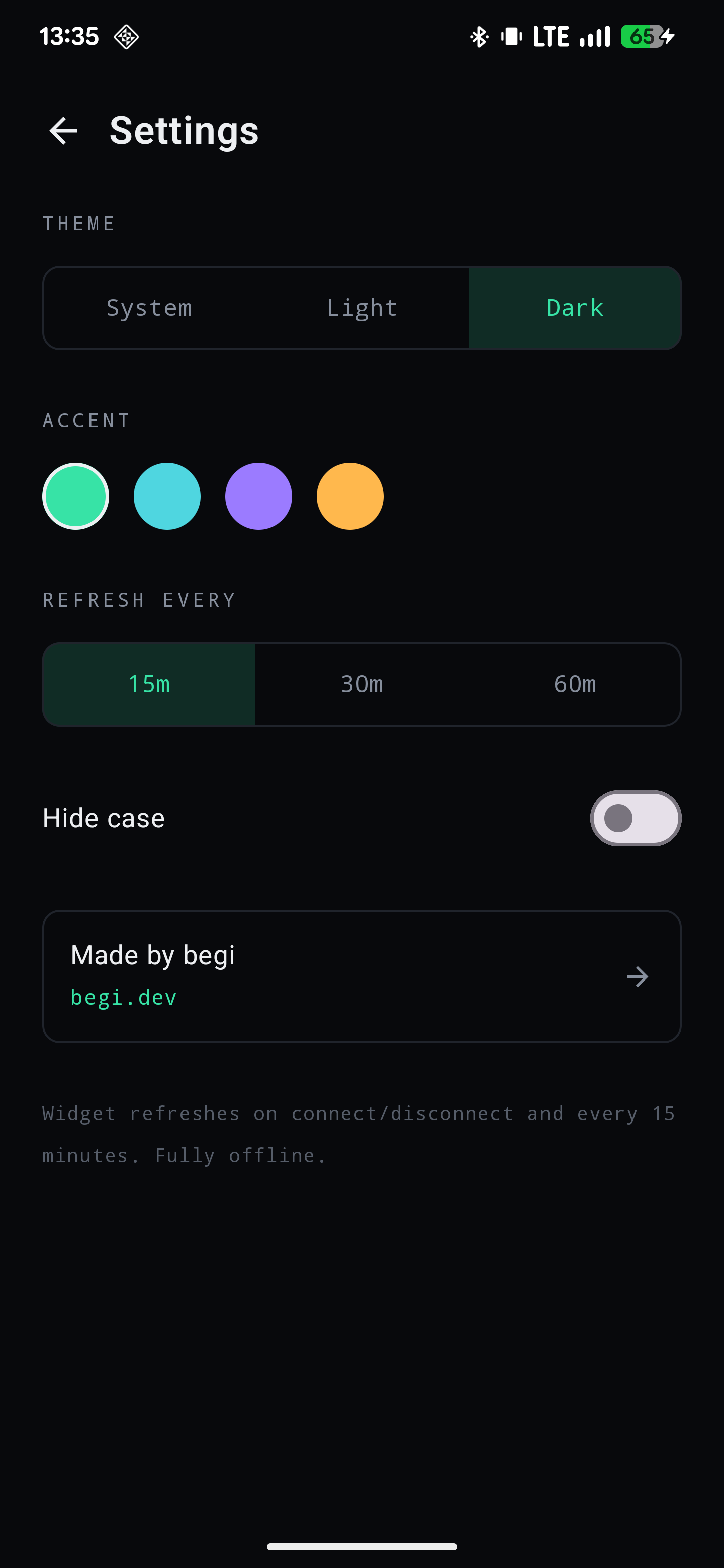 Poddy settings: theme, accent colour, refresh interval, hide case